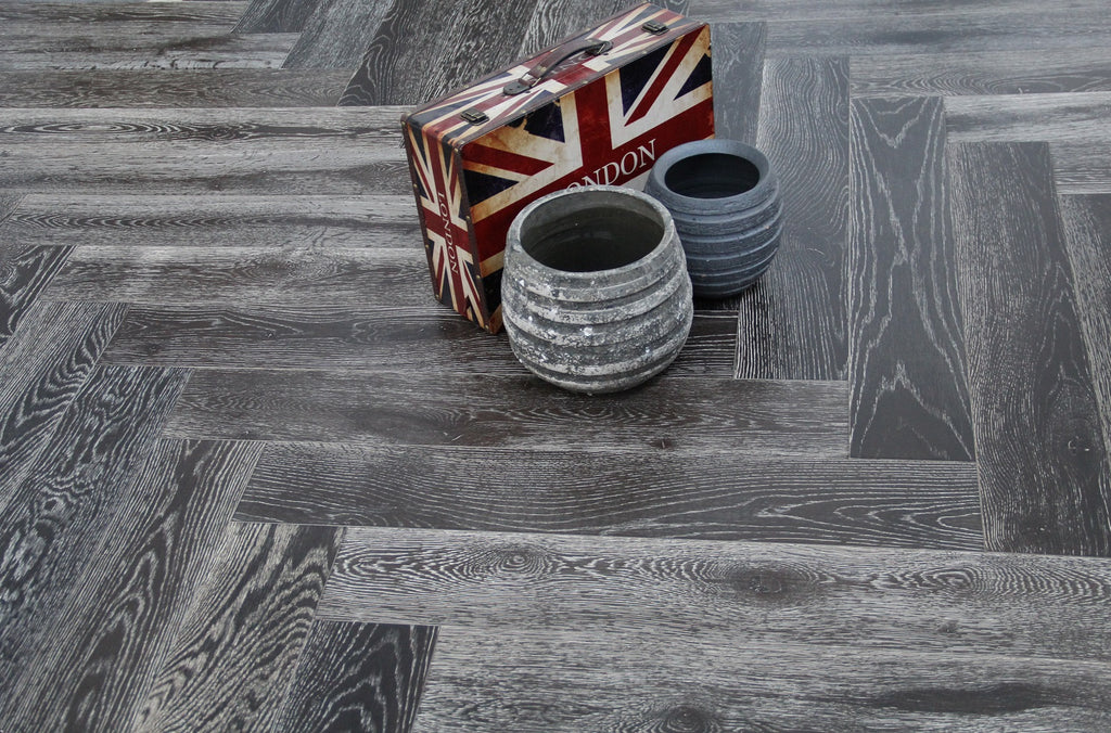 Black Stained & White Oiled European Oak Parquet Herringbone Flooring SHO1403
