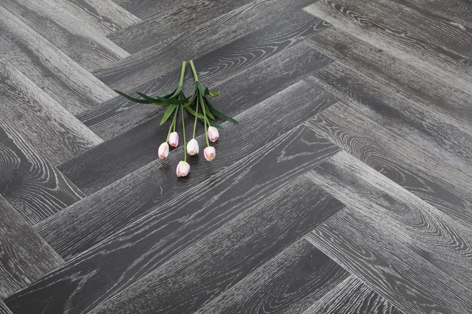 Black Stained & White Oiled European Oak Parquet Herringbone Flooring SHO1403