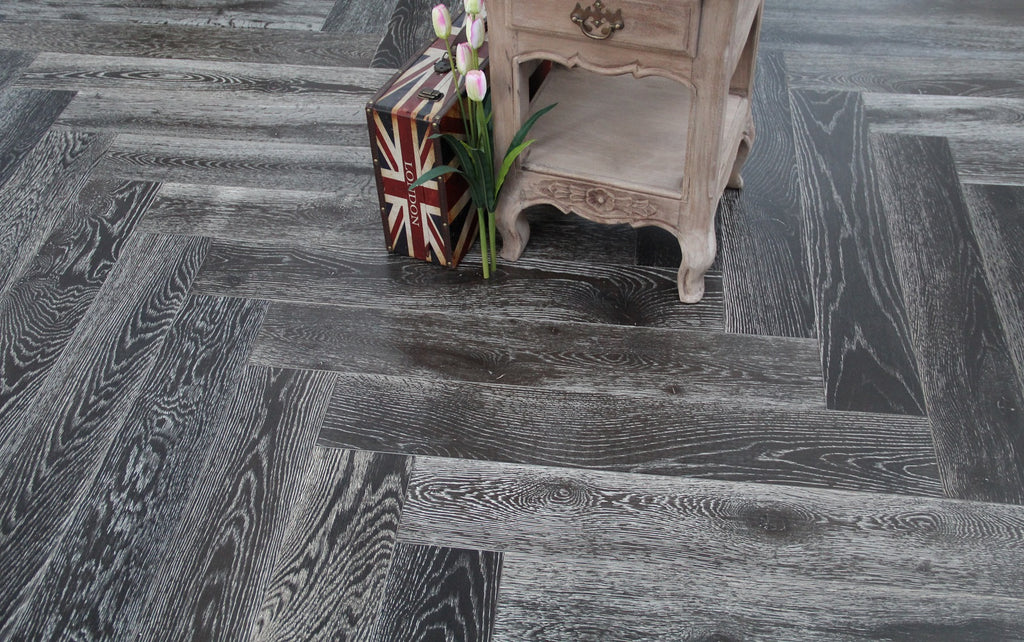 Black Stained & White Oiled European Oak Parquet Herringbone Flooring SHO1403