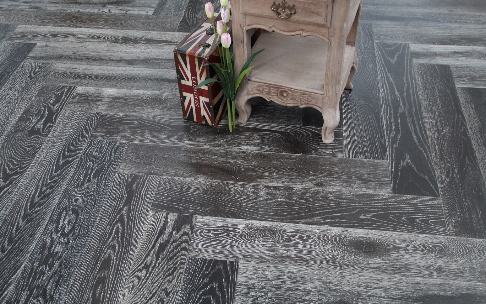 Black Stained & White Oiled European Oak Parquet Herringbone Flooring SHO1403