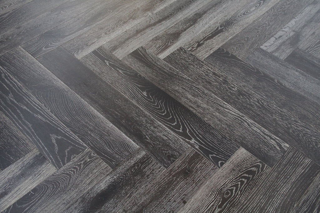 Black Stained & White Oiled European Oak Parquet Herringbone Flooring SHO1403