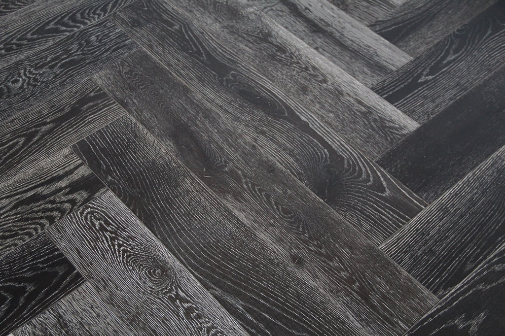 Black Stained & White Oiled European Oak Parquet Herringbone Flooring SHO1403