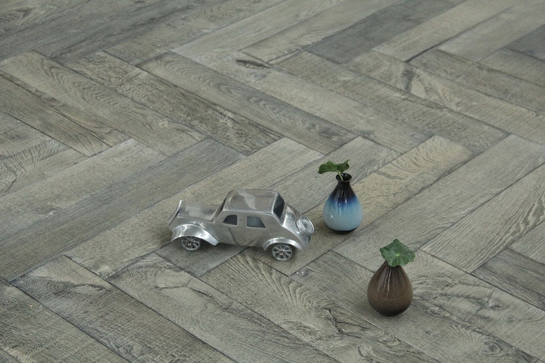 Dark Grey Brushed Bespoke Oak Herringbone Flooring SHO1819