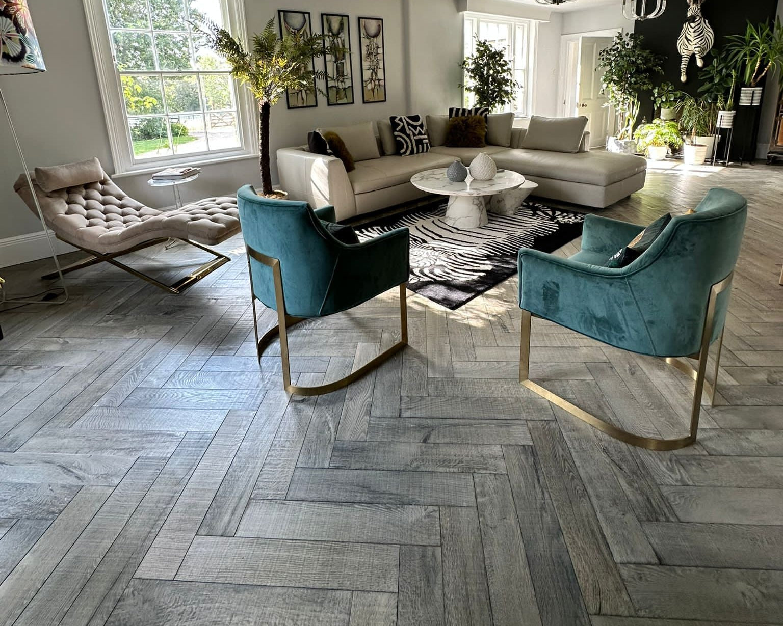 Dark Grey Brushed Bespoke Oak Herringbone Flooring SHO1819